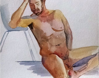 Full Frontal Seated Male Nude - 11x14 Original Watercolor Painting, Mature
