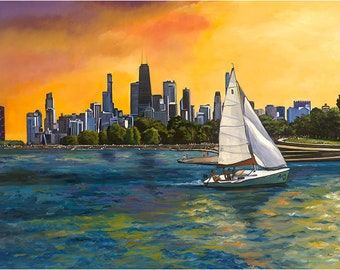 Chicago Sunset Giclee Print - 18x14in Chicago Art Print