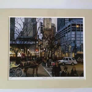 May include: A painting of a horse-drawn carriage in a city street at night. The carriage is in the foreground, with tall buildings and streetlights in the background. The painting is titled "Moments in Chicago".