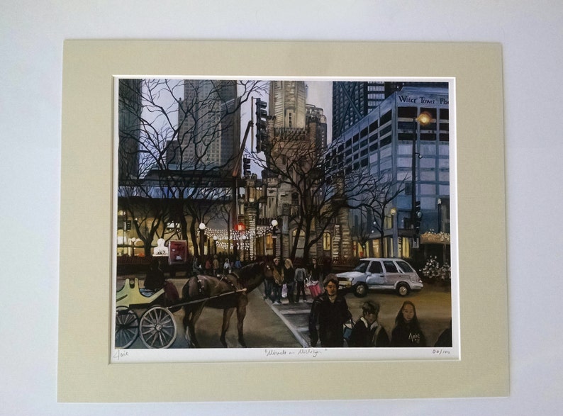 May include: A painting of a horse-drawn carriage in a city street at night. The carriage is in the foreground, with tall buildings and streetlights in the background. The painting is titled "Moments in Chicago".