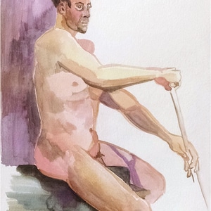 Rowing Seated Male Nude 11x14 Original Watercolor Painting, Mature image 1