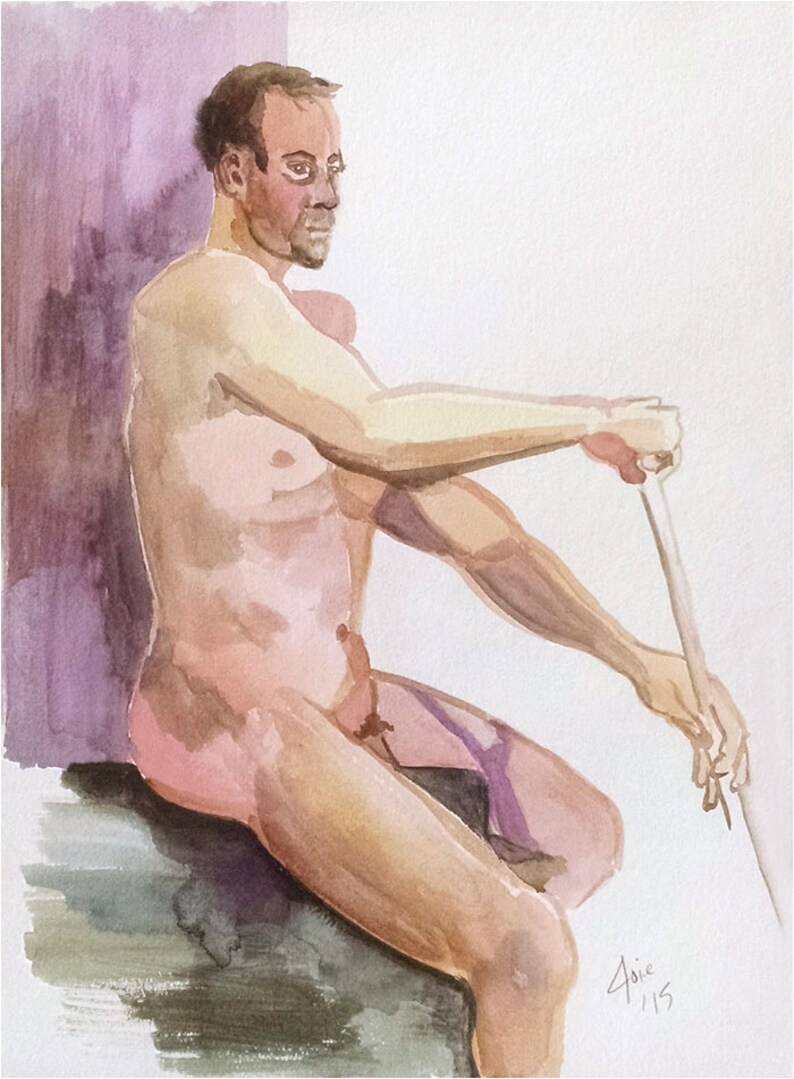 Rowing Seated Male Nude 11x14 Original Watercolor Painting, Mature image 1