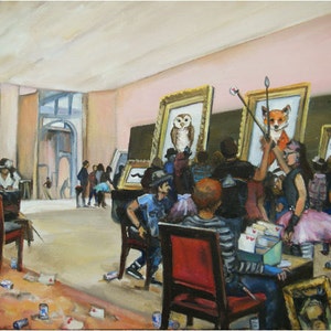 May include: A painting depicting a crowded art gallery with people gathered around framed paintings of an owl, a fox, and a cupcake. The gallery is filled with people, some sitting in chairs, others standing and looking at the artwork. The painting is done in a realistic style with a warm color palette.