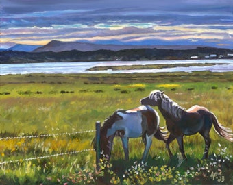 Paesaggio islandese con cavalli - Stampa artistica giclée 15 x 12 pollici