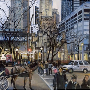 May include: A horse-drawn carriage with a yellow carriage and a brown horse is parked on a city street. The carriage is in front of a tall building with a sign that reads "Water Tower Place". There are people walking on the sidewalk and a white car is driving down the street.