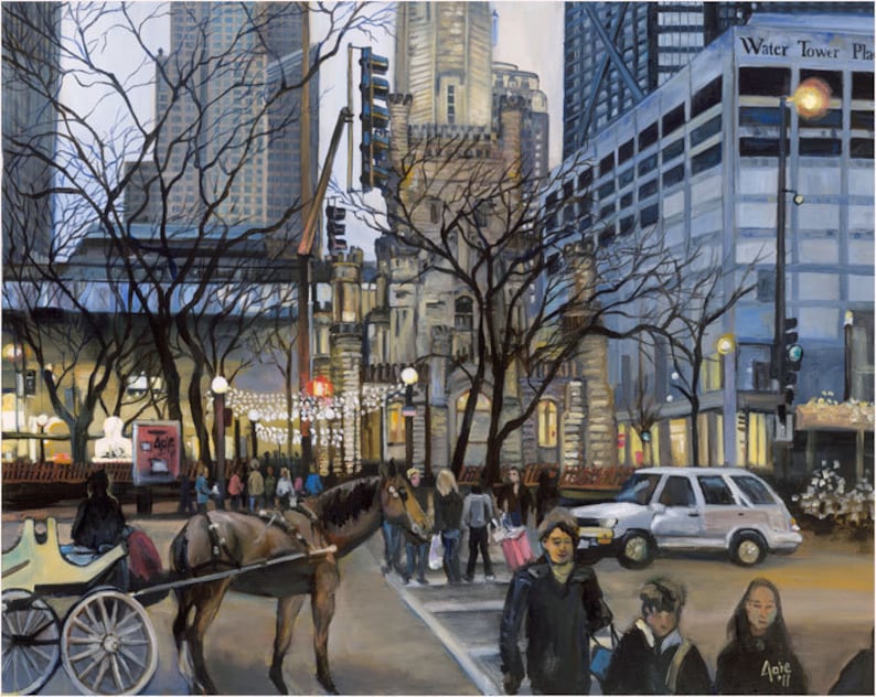 May include: A horse-drawn carriage with a yellow carriage and a brown horse is parked on a city street. The carriage is in front of a tall building with a sign that reads "Water Tower Place". There are people walking on the sidewalk and a white car is driving down the street.