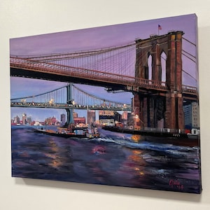 May include: A painting of the Brooklyn Bridge in New York City at dusk. The bridge is lit up with lights and there are boats in the water below. The sky is a soft purple color.