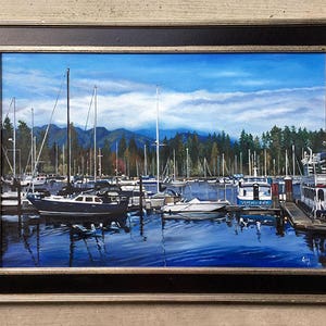Vancouver Landscape 36x24in Original Blue Oil Boat Painting image 2