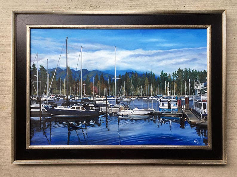 Vancouver Landscape 36x24in Original Blue Oil Boat Painting image 2