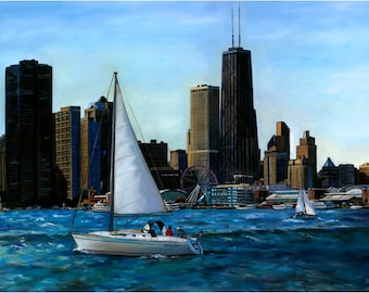 Chicago Navy Pier Boat Painting - 12x9in Giclee Print