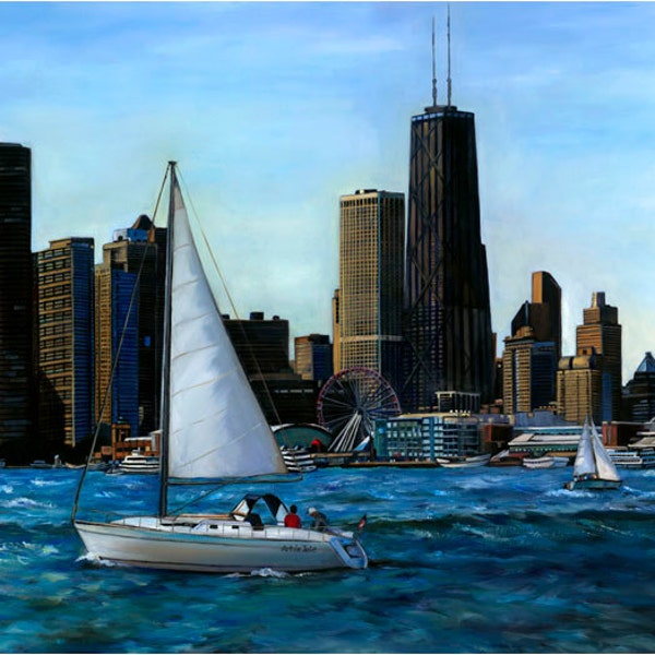 Chicago Navy Pier Boat Painting - 12x9in Giclee Print