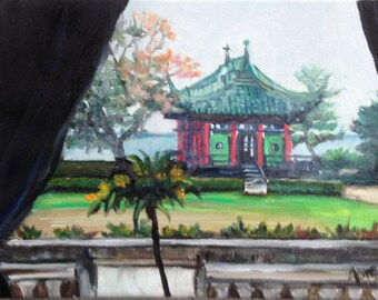 Chinese Tea House Original Oil Painting - 8x6in