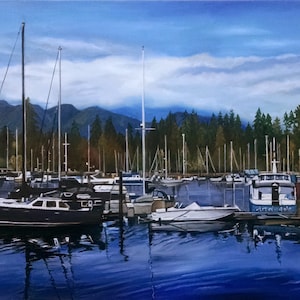 Vancouver Landscape 36x24in Original Blue Oil Boat Painting image 1