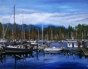 Vancouver Landscape - 36x24in Original Blue Oil Boat Painting