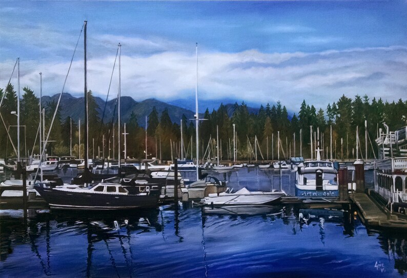 Vancouver Landscape 36x24in Original Blue Oil Boat Painting image 1