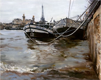 Paris Boat Oil Painting - 15x12in Giclee Print