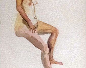 Original Seated Mature Woman Watercolor Painting - 8x10