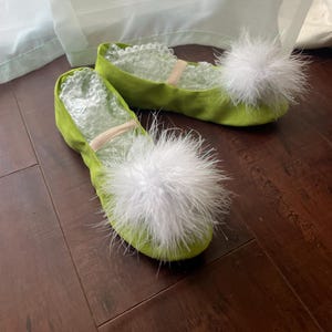 Tinkerbell Costume shoes Tink green fairy pixie bright lime green with pom poms Toddler-Children Sizes image 2