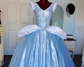 Cinderella Costume Cosplay Silver Misty Blue Satin Ballgown Dress Black velvet choker Adult sizes
