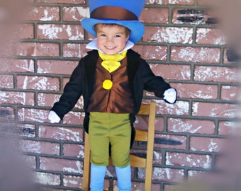 Jiminy Cricket Costume Cosplay Pinocchio Wellington Style Top Hat green breeches tuxedo coat Kids Sizes