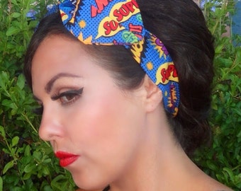 Comic book Wam Pow blue pin up style head scarf wrap rockabilly retro style Hair Do