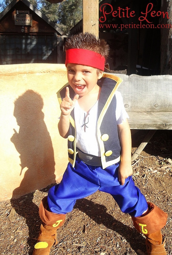 Jake Cosplay Costume Neverland Pirates Child Size Blue Pirate Vest High  Collar Blue Breeches Red Bandana Scarf White Pirate Shirt 