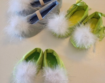 Tinkerbell Costume shoes Tink green fairy pixie bright lime green with pom poms Toddler-Children Sizes