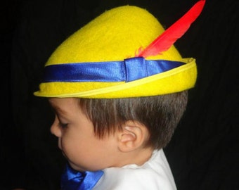 Custom Pinocchio Costume Hat Yellow Tyrolean Alpine Style hat tan wool felt colbalt blue satin ribbon red feather plume  Sml,Med,Lrge