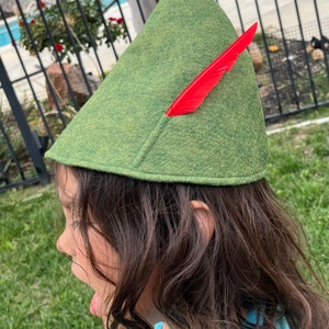 Olive Green Peter Pan Hat or Zelda, Elf October Fest Tyrolean Alpine Hat with Feather Costume Cosplay Sml,Med,Lrge image 4