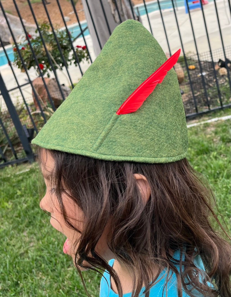 Olive Green Peter Pan Hat or Zelda, Elf October Fest Tyrolean Alpine Hat with Feather Costume Cosplay Sml,Med,Lrge image 4