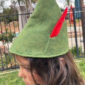 Olive Green Peter Pan Hat or Zelda, Elf October Fest Tyrolean Alpine Hat with Feather Costume Cosplay Sml,Med,Lrge image 2