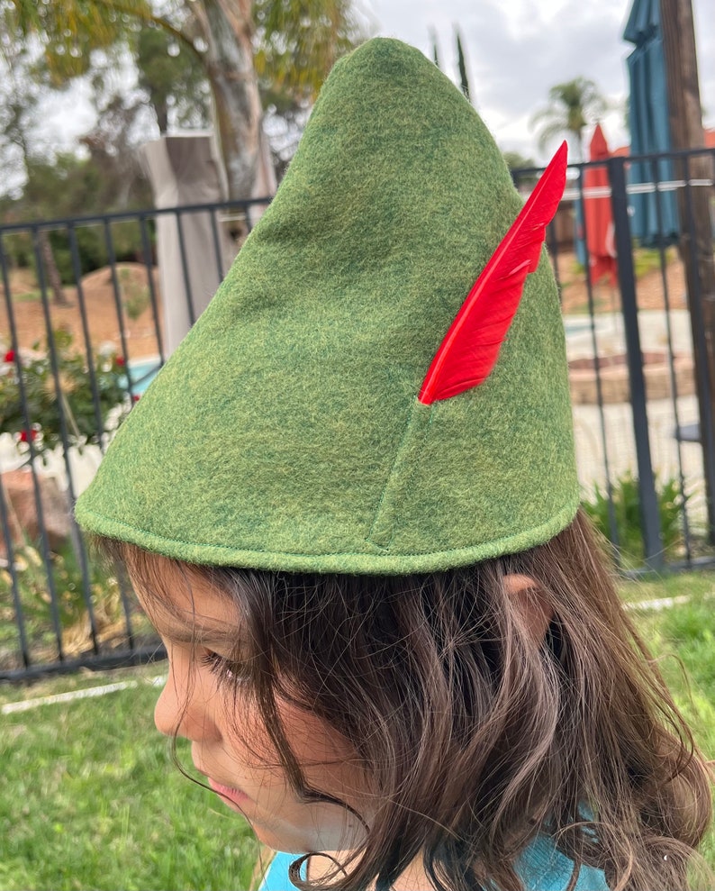 Olive Green Peter Pan Hat or Zelda, Elf October Fest Tyrolean Alpine Hat with Feather Costume Cosplay Sml,Med,Lrge image 2