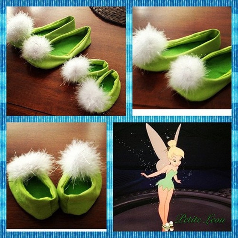 May include: A set of lime green slippers featuring white fluffy pom-poms on the toes, displayed in various angles alongside an illustration of a fairy character with the text Petite Leon printed in green script at the bottom right corner.
