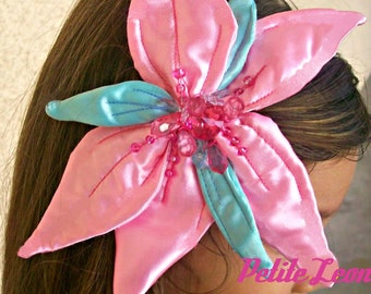 Ariel flower hair clip handmade Pink Satin Sea Foam Green Satin Leaves BEADED RHINSTONES Little Mermaid cosplay