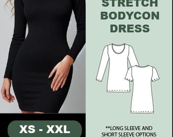 Patrón de costura para vestido ajustado elástico: mangas largas y cortas (patrón PDF)