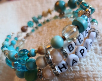 BE HAPPY Worded Stacked Wrap Bracelet, one size fits most Boho , inspiration jewelry,  expression jewelry