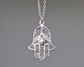 Silver Hamsa Necklace - Hand of Fatima Pendant - Filigree Hamsa Pendant - Judaica Jewelry - Bat Mitzvah Gift