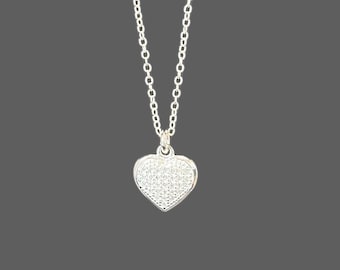 Silver Heart Necklace - Pave Heart Pendant - Simple Heart Necklace - Sterling Silver Heart - Love Jewelry - Cubic Zirconia Heart