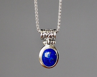 Lapis Pendant Necklace - Blue Gemstone Necklace - Bali Silver Pendant - Small Pendant and Chain - Oval Stone Pendant