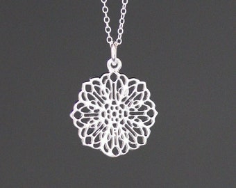 Silver Filigree Necklace - Silver Filigree Pendant - Silver Flower Necklace - Silver Charm Necklace - Simple Pendant Necklace