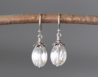 Quartz Crystal Earrings - Clear Quartz Earrings - Bali Silver Earrings - Silver Dangle Earrings - Wire Wrapped Earrings