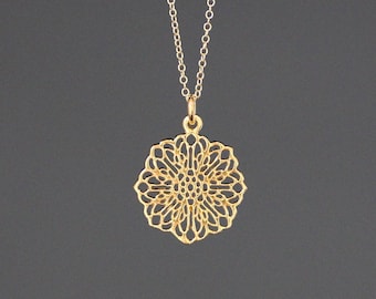 Gold Flower Necklace - Gold Filigree Pendant Necklace - Round Gold Pendant - Gold Charm Necklace - Simple Gold Necklace - Jewelry for Her