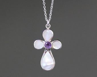 Edelstein Kreuz Halskette - Amethyst Kreuz Anhänger - Perlmutt Kreuz - Februar Geburtsstein - Religiöser Schmuck - Silber Kreuz Anhänger