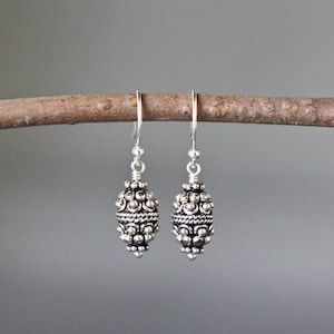 Bali Silver Earrings - Bali Bead Earrings - Silver Dangle Earrings - Wire Wrapped Earrings - Three Bead Earrings - All Silver Earrings
