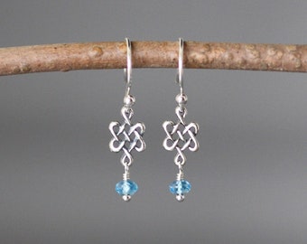 Blue Topaz Earrings - Celtic Knot Earrings - Blue Gemstone Earrings - Bali Silver Earrings - Small Silver Earrings