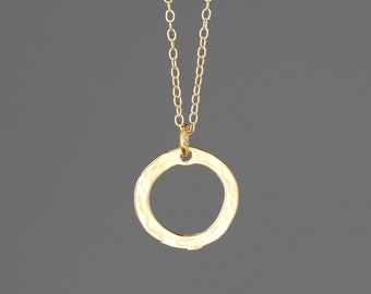 Gold Circle Necklace - Hammered Gold Necklace - Gold Circle Pendant - Gold Layering Necklace - Minimalist Jewelry