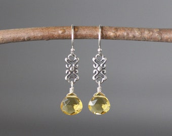 Citrine Earrings - Yellow Gemstone Earrings - Wire Wrap Earrings - Silver Link Earrings - Gemstone Earrings