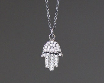 Silver Hamsa Necklace - Hamsa Hand Necklace - Hand of Fatima Necklace - Gemstone Hamsa Pendant - Pave Charm Necklace