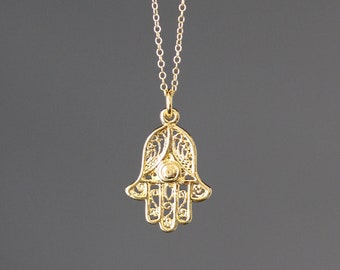 Gold Hamsa Pendant - Hand of Fatima Necklace - Filigree Hamsa Pendant - Hamsa Hand Necklace - Protection Jewelry - Judaica Jewelry
