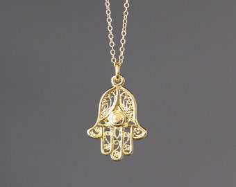 Gold Hamsa Pendant - Hand of Fatima Necklace - Filigree Hamsa Pendant - Hamsa Hand Necklace - Judaica Jewelry